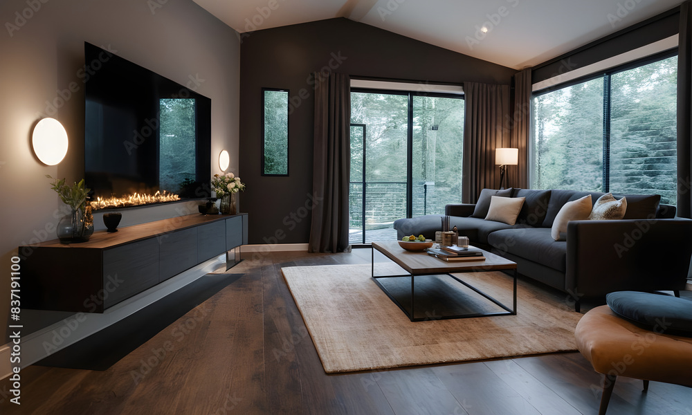 Fototapeta premium Contemporary living room with sofa, coffee table and large windows offering a tranquil forest view at sunset