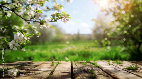 Spring background with a wooden table top and blurred green meadow, a blossoming apple tree branch in the style of a spring park. Spring template for a product display presentation