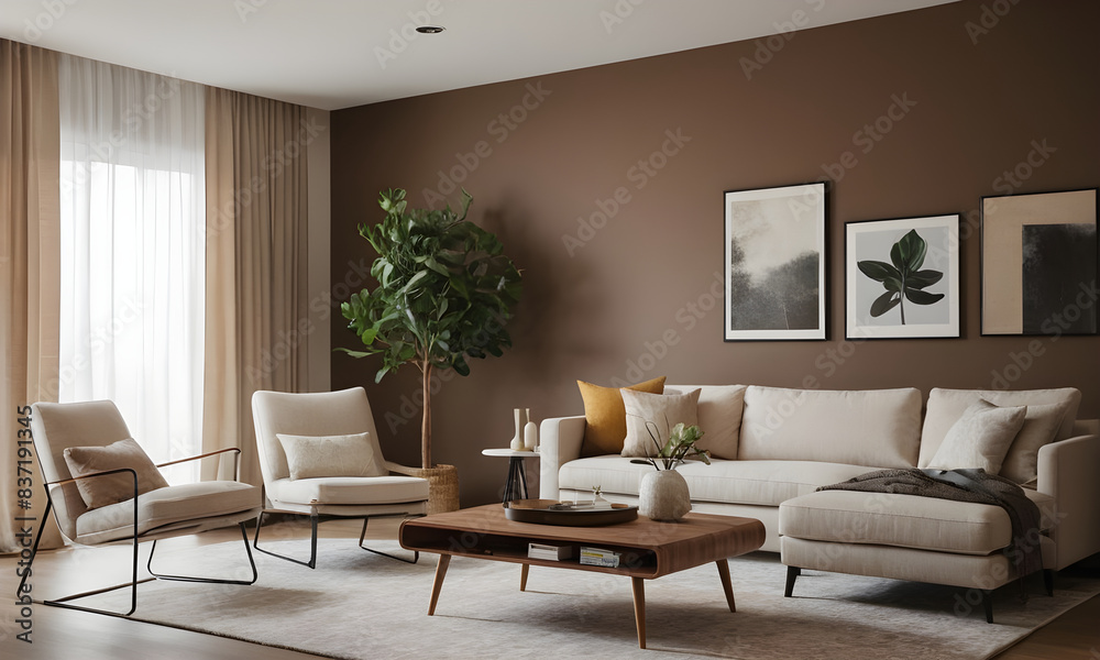 Modern living room with cozy beige sofas, a wooden coffee table, and decorative wall art adorned with green plants Modern living room with cozy beige sofas, a wooden coffee table, and decorative wall art adorned with green plants