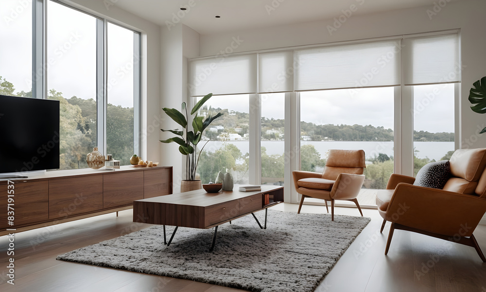 Fototapeta premium Elegant living room interior with large windows revealing a tranquil lake view, contemporary furniture, and tasteful home decor