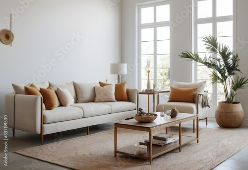 Elegant contemporary living room design featuring neutral tones, stylish furnishings, and ample natural light from large windows