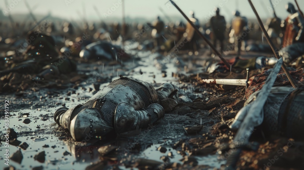 After Epic Battle Bodies of Dead, Massacred Medieval Knights Lying on Battlefield