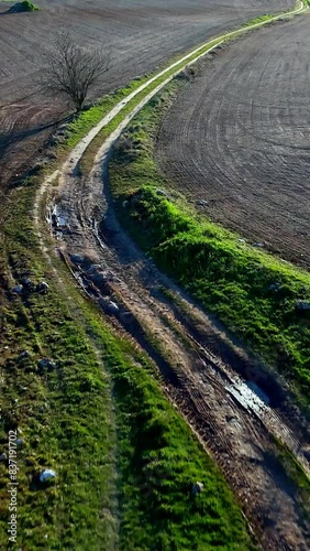 Vertical video of The markings of a dirt road at sunset from a drone view in reverse motion