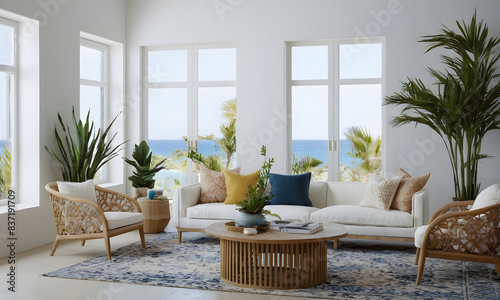 Relaxing in a tropical paradise: bright living room with wicker armchairs and a white sofa with ocean view