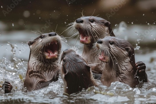 A lively group of otters can be seen splashing and giggling as they enjoy their time playing in the water. © Jennie Pavl