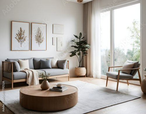 Living room interior with a spacious window offering a view of trees, showcasing a sofa, armchair, and coffee table