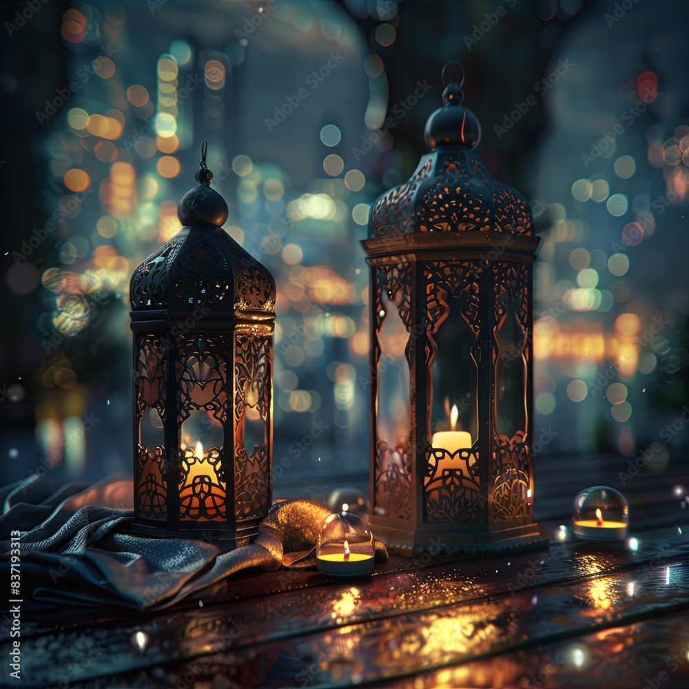 Enchanting Nighttime Lantern and Mosque Scene Enchanting Nighttime Lantern and Mosque Scene