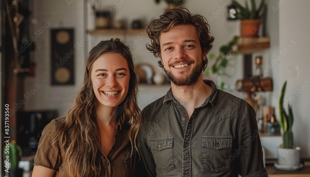 Smiling Young Couple in Casual Clothing Standing in a Cozy Modern Kitchen with Plants and Shelves in the Background, Warm and Inviting Atmosphere, Perfect for Lifestyle and Home Decor Themes Smiling Young Couple in Casual Clothing Standing in a Cozy Modern Kitchen with Plants and Shelves in the Background, Warm and Inviting Atmosphere, Perfect for Lifestyle and Home Decor Themes