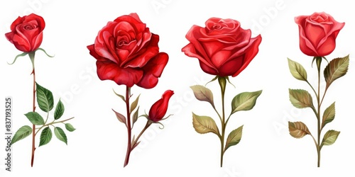 Four red roses are shown in different stages of growth