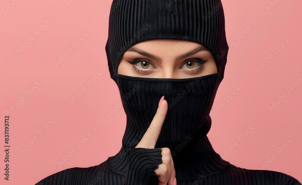 Mysterious Woman in Black Balaclava with Finger on Lips Against Pink Background - Concept of Secrecy, Mystery, and Confidentiality Mysterious Woman in Black Balaclava with Finger on Lips Against Pink Background - Concept of Secrecy, Mystery, and Confidentiality