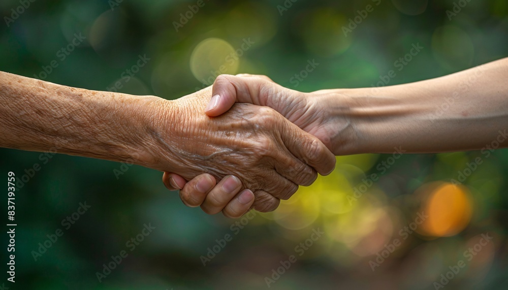 Close-Up of Elderly and Young Hands Shaking in a Symbolic Gesture of Generational Unity and Support Against a Blurred Natural Background Close-Up of Elderly and Young Hands Shaking in a Symbolic Gesture of Generational Unity and Support Against a Blurred Natural Background
