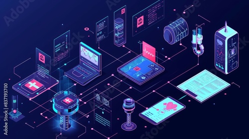 Isometric illustration of a vibrant digital technology layout, featuring various digital devices and interfaces in a neon color scheme.