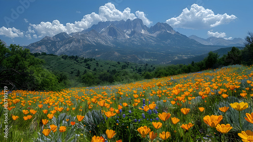 A vibrant nature mountain range landscape with wildflowers blooming in the foreground