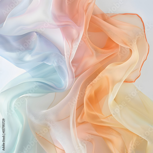 Delicate, airy, pastel color sheer fabric floating on a white background