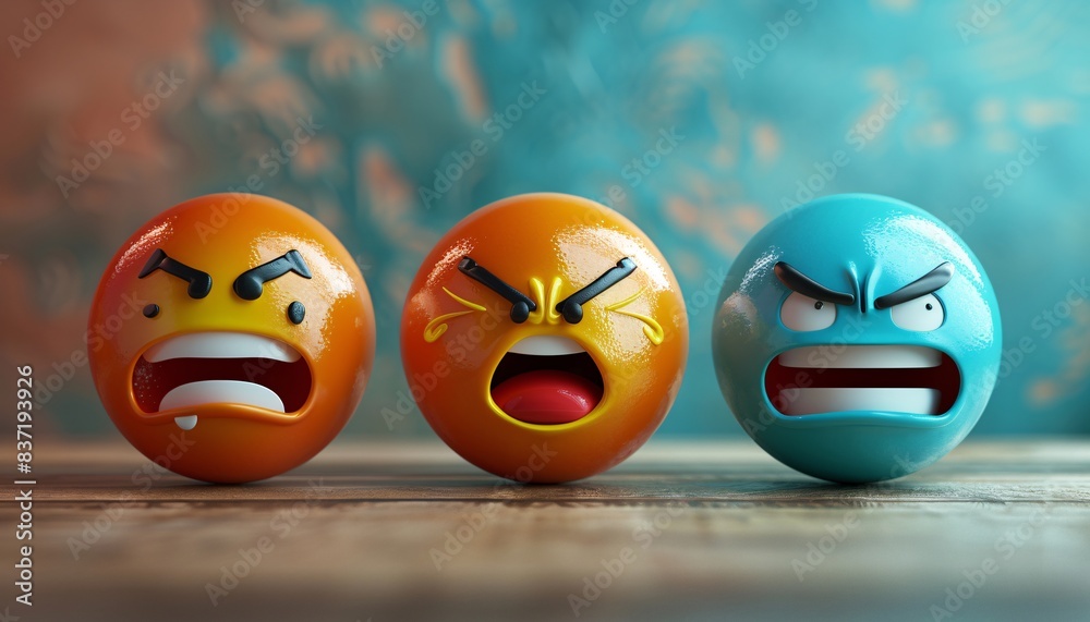Three Colorful Angry Emojis on Wooden Surface with Blurred Background, Expressive Faces, Emotions, and Vibrant Colors in a Fun and Playful Setting Three Colorful Angry Emojis on Wooden Surface with Blurred Background, Expressive Faces, Emotions, and Vibrant Colors in a Fun and Playful Setting