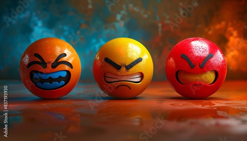 Three Colorful Angry Emojis with Different Expressions on a Vibrant Background, Representing Various Emotions and Feelings in a Creative and Artistic Style