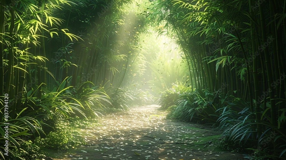 Serene Bamboo Forest Path Illuminated by Sunlight with Lush Green Foliage and Tranquil Atmosphere in a Natural Setting Serene Bamboo Forest Path Illuminated by Sunlight with Lush Green Foliage and Tranquil Atmosphere in a Natural Setting