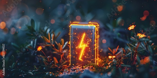 Lithium ion battery with a lightning bolt icon abstract flowers illuminated with neon orange light battery shape on dark. Concept Technology, Energy, Power, Abstract Art, Neon Lighting