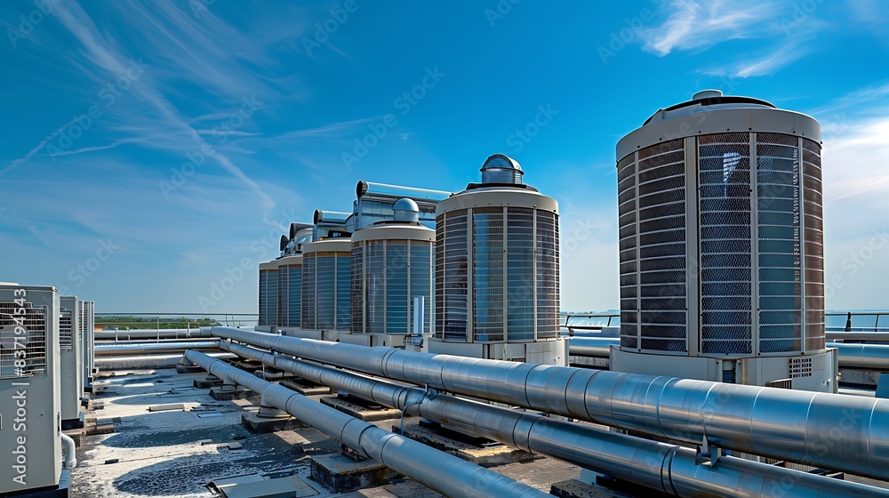 Industrial chiller air conditioner condenser units on rooftop with blue ...