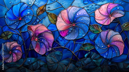 stained glass, dark blue and pink Morning glory with dew drops on petals and leave, vibrant colors. photo