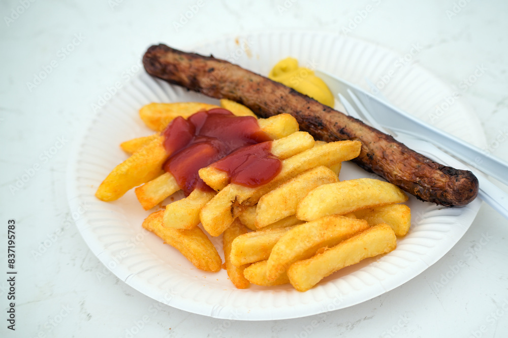 French fries with ketchup and a charred sausage with mustard on a paper plate with plastic cutlery, unhealthy fast food, with lots of fat, burnt substances and bad for the environment French fries with ketchup and a charred sausage with mustard on a paper plate with plastic cutlery, unhealthy fast food, with lots of fat, burnt substances and bad for the environment