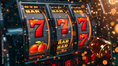 Slot Machine Jackpot with Triple Sevens and Golden Dice in a Casino Setting with Sparkling Lights and Vibrant Colors
