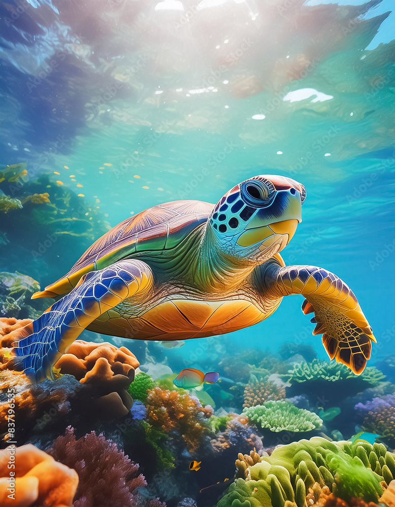 Obraz premium Turtle swimming underwater amongst coral in a tropical ocean in portrait orientation