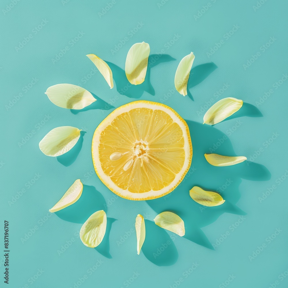 Sun made of lemon and yellow flower petals on bright blue background. Fruit summer minimal concept. Sun made of lemon and yellow flower petals on bright blue background. Fruit summer minimal concept.