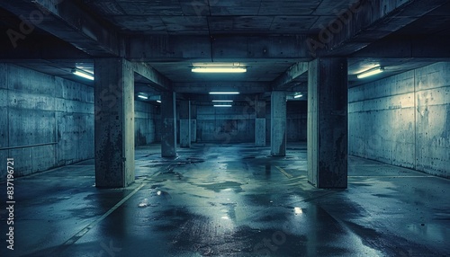 Empty Underground Parking Garage with Concrete Columns and Wet Floor Illuminated by Fluorescent Lights photo