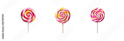 Set of three Pink, white and yellow spiral lollipop icon, isolated over on transparent white background photo