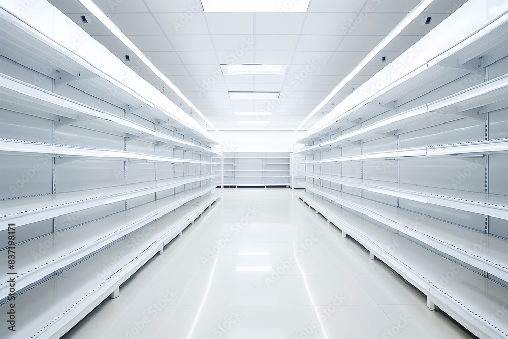 Grocery store with white empty shelves waiting for goods