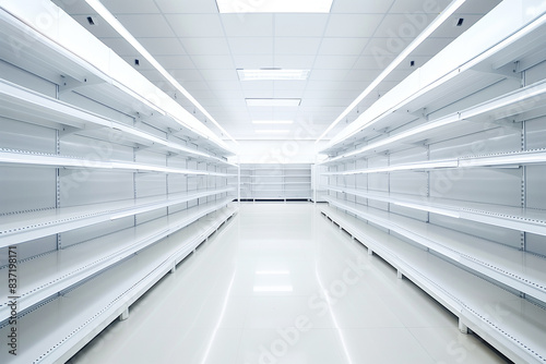 Obraz na płótnie Grocery store with white empty shelves waiting for goods w salonie