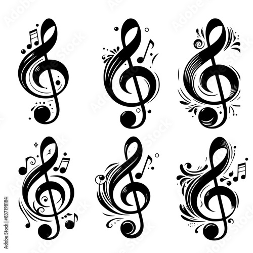Set of treble clef vector, treble clef with notes, good teste of music, treble clef with flower element, editable stroke, vector art ready for your brand.