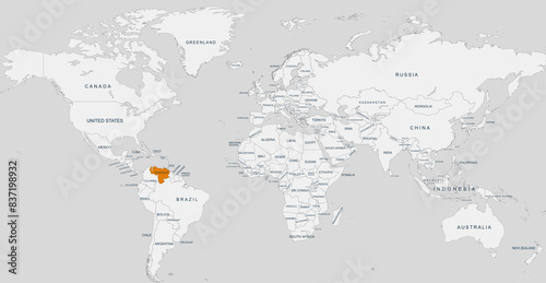 venezuela map.Geographical map of venezuela with world map highlighted.