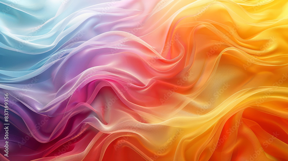 Vibrant abstract fabric waves in gradient hues of blue, purple, red, orange, and yellow, creating a colorful and dynamic visual effect. Vibrant abstract fabric waves in gradient hues of blue, purple, red, orange, and yellow, creating a colorful and dynamic visual effect.