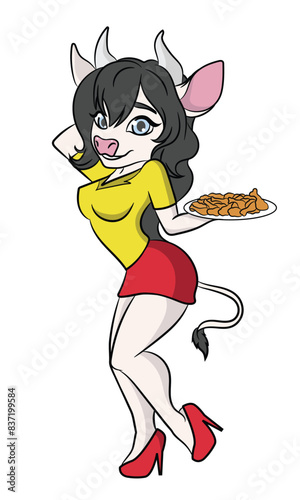 White Cow cartoon sexy mascot server fast food female animal farm character