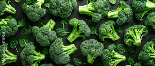 Fresh broccoli florets on dark background. Organic green vegetable arrangement for healthy eating and nutrition concepts. Close-up, high quality photo.