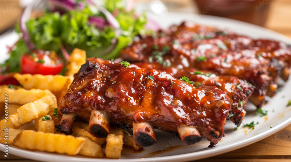 A close-up photo captures spare ribs served with chips on a plate, accompanied by a side salad. The plate is set on a wooden table, highlighting a hearty and appetizing meal A close-up photo captures spare ribs served with chips on a plate, accompanied by a side salad. The plate is set on a wooden table, highlighting a hearty and appetizing meal