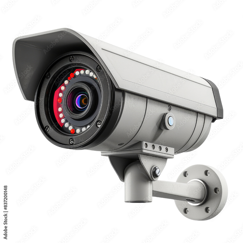 A modern, high-tech security camera with a lens and infrared lights, isolated on a white background. A modern, high-tech security camera with a lens and infrared lights, isolated on a white background.