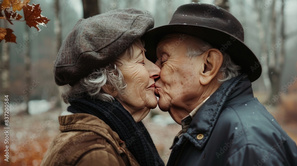 An older man and woman sharing a kiss An older man and woman sharing a kiss