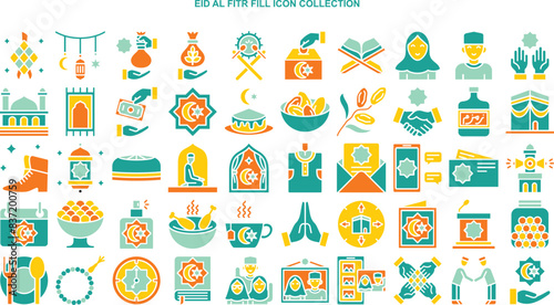 a set of eid mubarak icons in color fill style