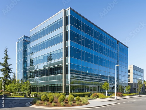 A modern office building with reflective glass windows, surrounded by greenery and a clear blue sky. © cherezoff