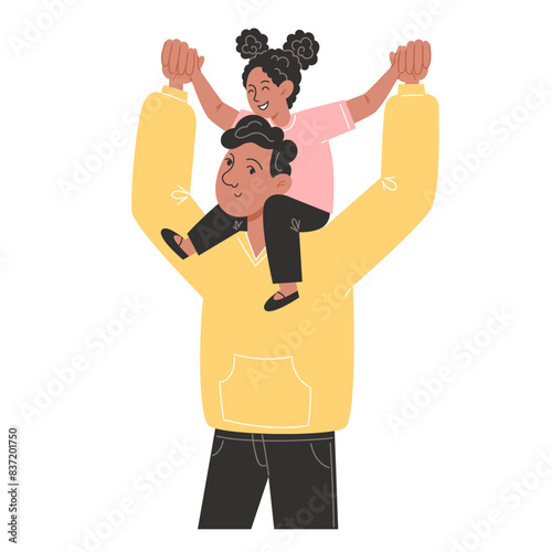 The father is holding a little daughter on his shoulders