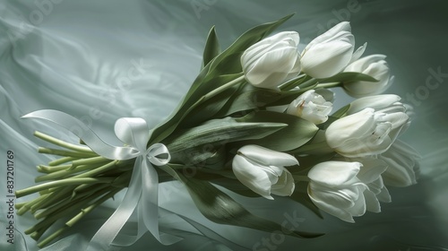 Elegant white tulips bouquet with satin ribbon on soft background