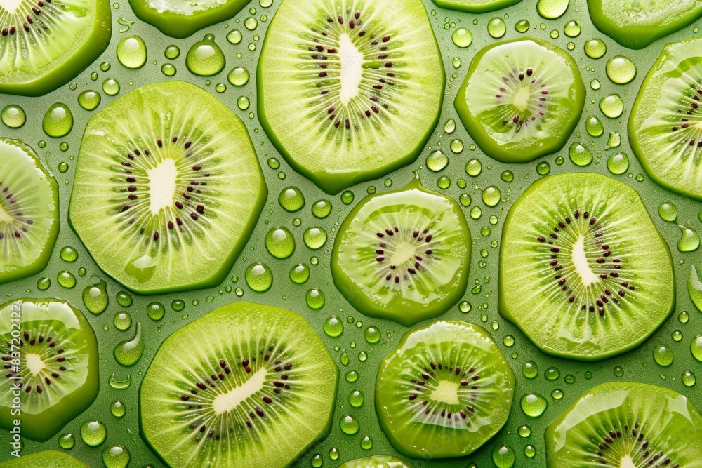 Fototapeta premium Vibrant sliced kiwi fruits with fresh water droplets close-up