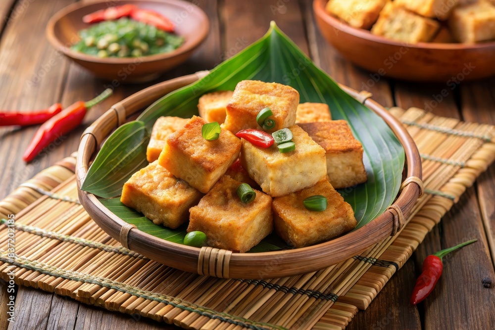 tahu Goreng, or Fried Tofu, is an Indonesian traditional food made from fermented soybean extract and served with chilli and soy sauce. selective focus tahu Goreng, or Fried Tofu, is an Indonesian traditional food made from fermented soybean extract and served with chilli and soy sauce. selective focus