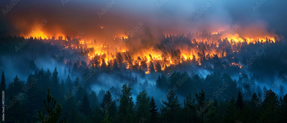 Panoramic view of a forest fire at night with intense flames and smoke, highlighting the power and destruction of wildfires in a wooded landscape. Panoramic view of a forest fire at night with intense flames and smoke, highlighting the power and destruction of wildfires in a wooded landscape.