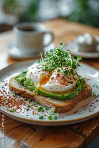 Delicious Avocado Toast with Poached Eggs and Microgreens on a Rustic Plate in a Cozy CafÃ© Setting