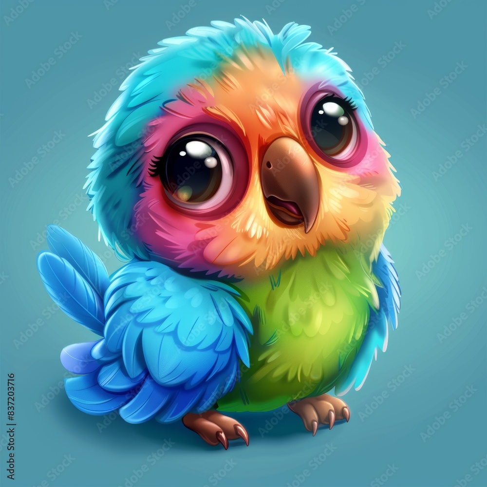 Colorful cartoon parrot with expressive eyes on a blue background Colorful cartoon parrot with expressive eyes on a blue background