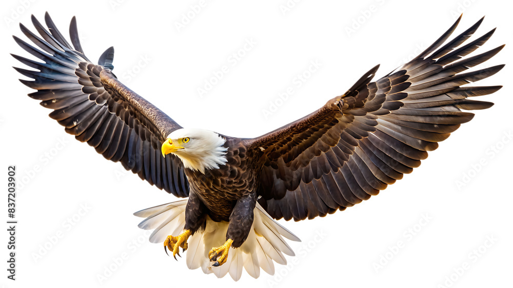 A spread-wing bald eagle soars in the sky. Isolated on white background. AI GENERATED A spread-wing bald eagle soars in the sky. Isolated on white background. AI GENERATED